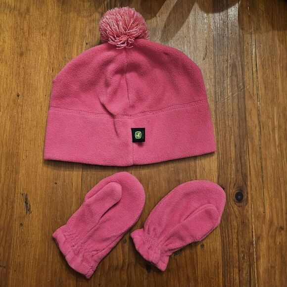 JOHN DEERE Tractor Hearts Pink Fleece Hat Beanie & Gloves Set Toddler One Size - Picture 2 of 4